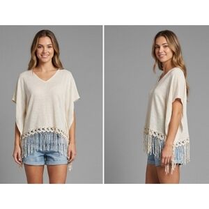 Jolt V-neck Crochet Fringe Boho Top Cream Size M